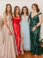 A-line Scoop Neck Satin Prom Dresses With Ruched