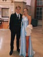 A-line Sweep Train Scoop Neck Satin Split Front Prom Dresses