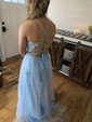 Ball Gown/Princess Sweep Train Scoop Neck Tulle Appliques Lace Prom Dresses