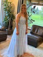 Ball Gown/Princess Sweep Train Scoop Neck Tulle Appliques Lace Prom Dresses