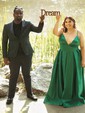 Ball Gown V-neck Satin Prom Dresses With Floor-length