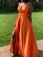 Ball Gown V-neck Satin Prom Dresses With Floor-length