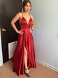 Ball Gown V-neck Satin Floor-length Pockets Prom Dresses