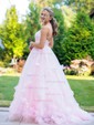 Ball Gown/Princess Sweep Train Scoop Neck Tulle Flower(s) Prom Dresses