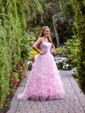 Ball Gown/Princess Sweep Train Scoop Neck Tulle Flower(s) Prom Dresses