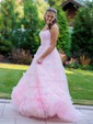 Ball Gown/Princess Sweep Train Scoop Neck Tulle Flower(s) Prom Dresses