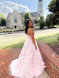 Ball Gown/Princess Sweep Train Scoop Neck Tulle Flower(s) Prom Dresses