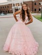 Ball Gown/Princess Sweep Train Scoop Neck Tulle Flower(s) Prom Dresses