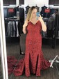 Burgundy Mermaid V-neck Lace Backless Prom Dresses