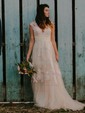 A-line V-neck Tulle Sweep Train Wedding Dresses With Appliques Lace