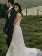 A-line V-neck Tulle Sweep Train Wedding Dresses With Appliques Lace