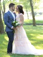 A-line V-neck Tulle Sweep Train Wedding Dresses With Appliques Lace