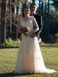 A-line V-neck Tulle Sweep Train Wedding Dresses With Appliques Lace