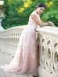 A-line V-neck Tulle Sweep Train Wedding Dresses With Appliques Lace