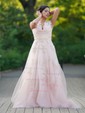 A-line V-neck Tulle Sweep Train Wedding Dresses With Appliques Lace