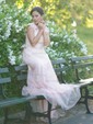 A-line V-neck Tulle Sweep Train Wedding Dresses With Appliques Lace