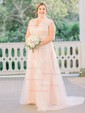 A-line V-neck Tulle Sweep Train Wedding Dresses With Appliques Lace