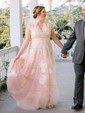 A-line V-neck Tulle Sweep Train Wedding Dresses With Appliques Lace