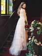 A-line V-neck Tulle Sweep Train Wedding Dresses With Appliques Lace