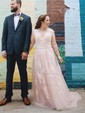 A-line V-neck Tulle Sweep Train Wedding Dresses With Appliques Lace