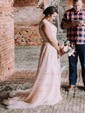 A-line V-neck Tulle Sweep Train Wedding Dresses With Appliques Lace