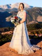 A-line V-neck Tulle Sweep Train Wedding Dresses With Appliques Lace