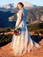 A-line V-neck Tulle Sweep Train Wedding Dresses With Appliques Lace