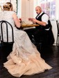 A-line V-neck Tulle Sweep Train Wedding Dresses With Appliques Lace