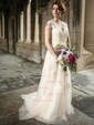 A-line V-neck Tulle Sweep Train Wedding Dresses With Appliques Lace