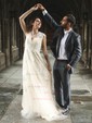 A-line V-neck Tulle Sweep Train Wedding Dresses With Appliques Lace