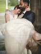 A-line V-neck Tulle Sweep Train Wedding Dresses With Appliques Lace