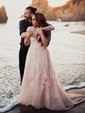 A-line V-neck Tulle Sweep Train Wedding Dresses With Appliques Lace