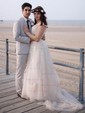 A-line V-neck Tulle Sweep Train Wedding Dresses With Appliques Lace