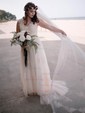 A-line V-neck Tulle Sweep Train Wedding Dresses With Appliques Lace