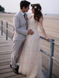 A-line V-neck Tulle Sweep Train Wedding Dresses With Appliques Lace