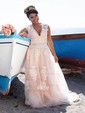 A-line V-neck Tulle Sweep Train Wedding Dresses With Appliques Lace