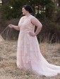 A-line V-neck Tulle Sweep Train Wedding Dresses With Appliques Lace