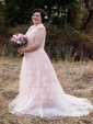 A-line V-neck Tulle Sweep Train Wedding Dresses With Appliques Lace