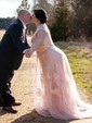 A-line V-neck Tulle Sweep Train Wedding Dresses With Appliques Lace