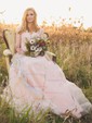 A-line V-neck Tulle Sweep Train Wedding Dresses With Appliques Lace