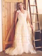 A-line V-neck Tulle Sweep Train Wedding Dresses With Appliques Lace