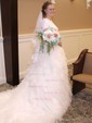 A-line Scoop Neck Tulle Stretch Crepe Sweep Train Cascading Ruffles Wedding Dresses