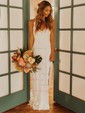 Sheath/Column V-neck Lace Sweep Train Wedding Dresses With Split Front