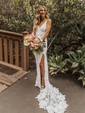 Sheath/Column V-neck Lace Sweep Train Wedding Dresses With Split Front