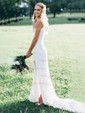 Sheath/Column V-neck Lace Sweep Train Split Front Wedding Dresses