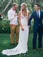 Sheath/Column V-neck Lace Sweep Train Split Front Wedding Dresses
