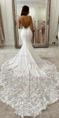 Trumpet/Mermaid V-neck Stretch Crepe Court Train Wedding Dresses With Appliques Lace