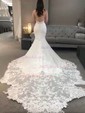 Trumpet/Mermaid V-neck Stretch Crepe Court Train Wedding Dresses With Appliques Lace