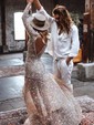 A-line V-neck Glitter Sweep Train Wedding Dresses