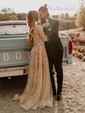 A-line V-neck Glitter Sweep Train Wedding Dresses